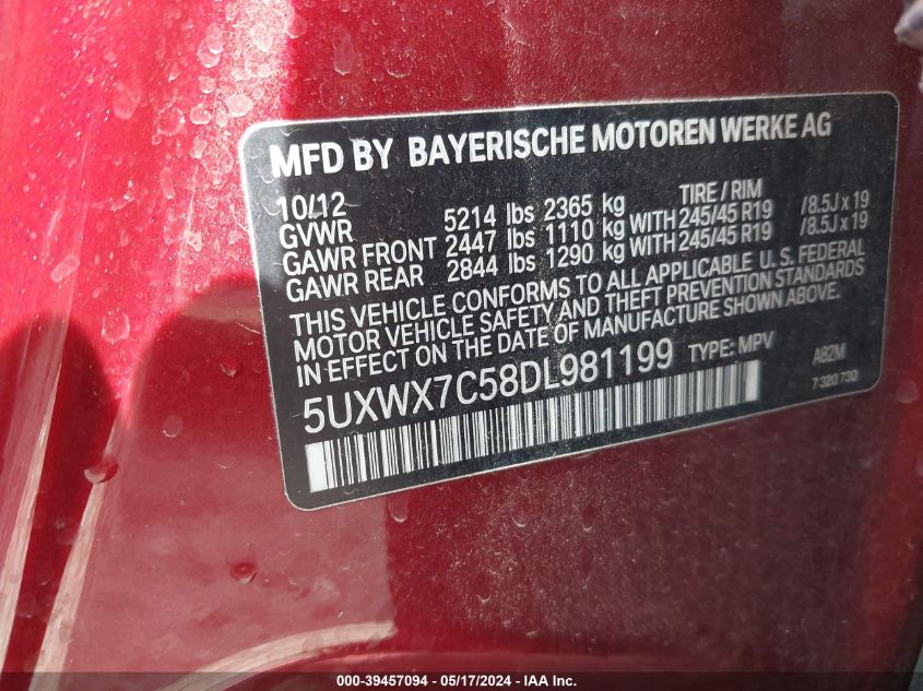 2013 BMW X3 xDrive35I VIN: 5UXWX7C58DL981199 Lot: 39457094