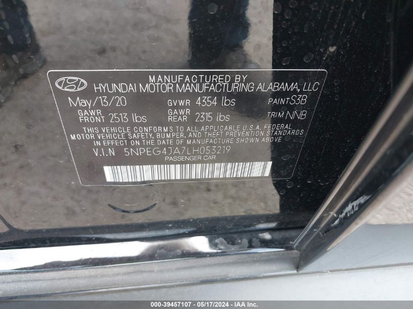 2020 Hyundai Sonata Se VIN: 5NPEG4JA7LH053219 Lot: 39457107