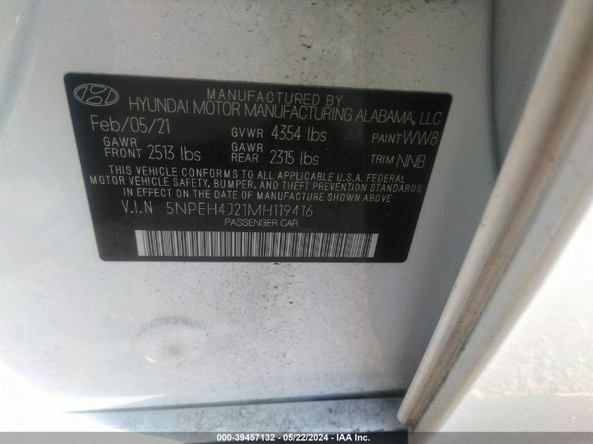 2021 Hyundai Sonata Limited VIN: 5NPEH4J21MH119416 Lot: 39457132