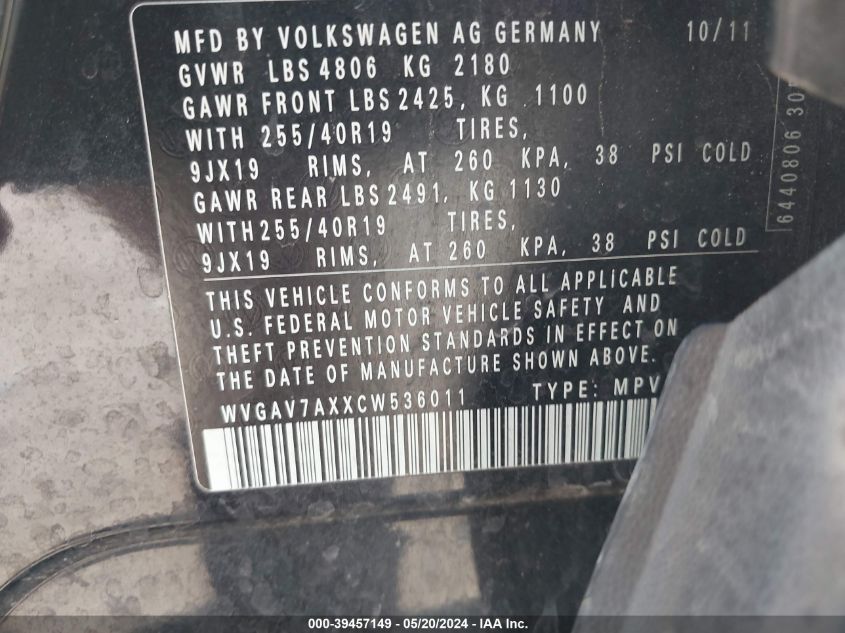 2012 Volkswagen Tiguan Sel VIN: WVGAV7AXXCW536011 Lot: 39457149