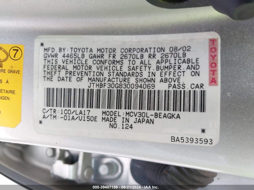 2003 Lexus Es 300 VIN: JTHBF30G830094069 Lot: 39457159