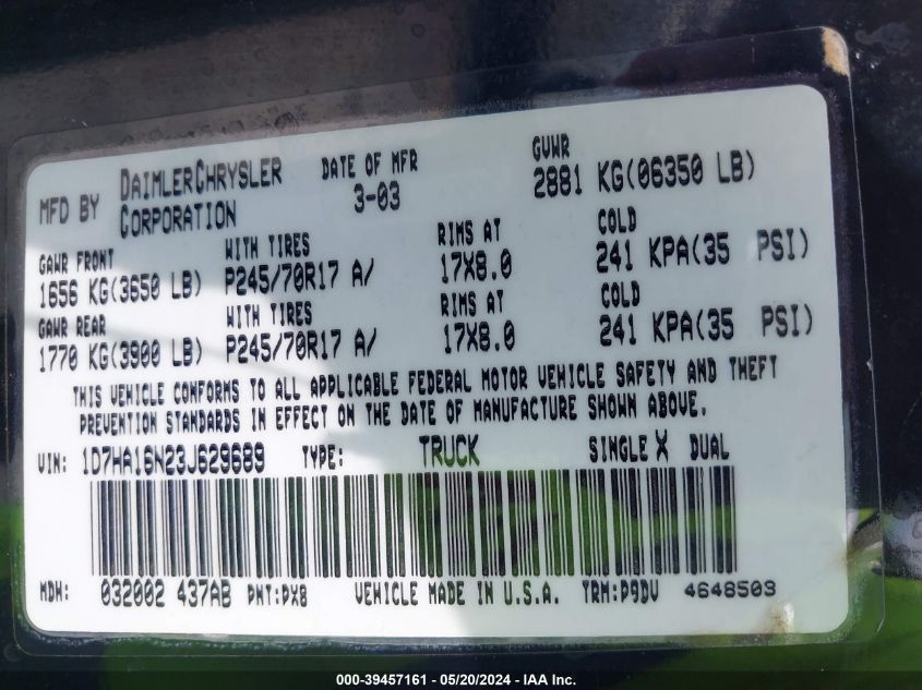 2003 Dodge Ram 1500 Slt/Laramie/St VIN: 1D7HA16N23J629689 Lot: 39457161
