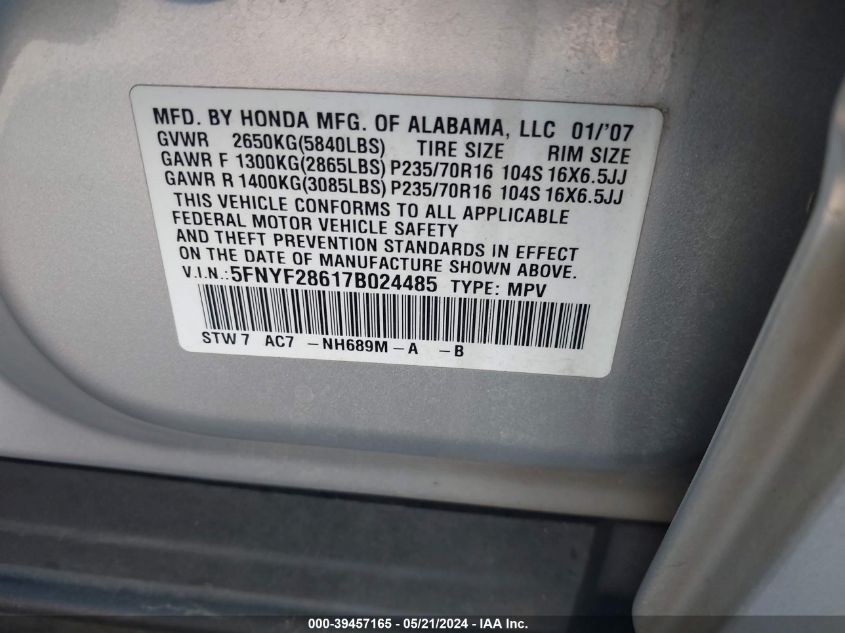 2007 Honda Pilot Exl VIN: 5FNYF28617B024485 Lot: 39457165