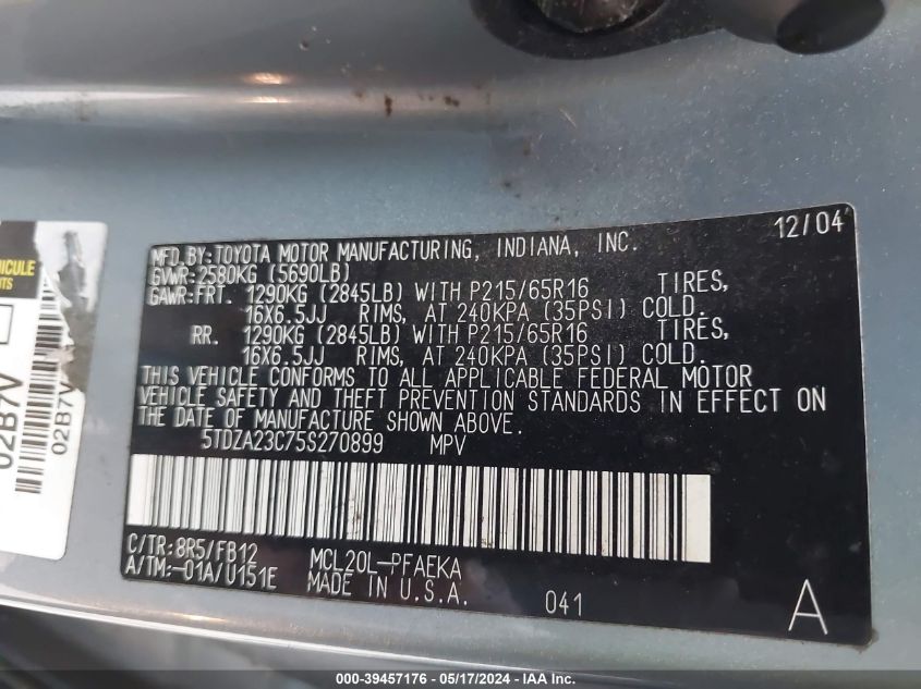 2005 Toyota Sienna Le VIN: 5TDZA23C75S270899 Lot: 39457176