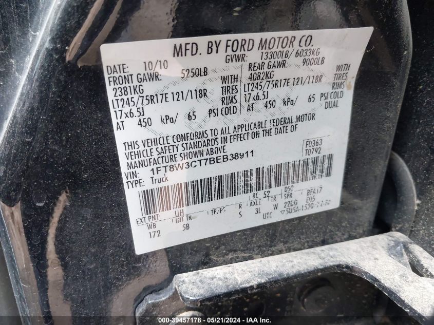 2011 Ford F-350 Lariat VIN: 1FT8W3CT7BEB38911 Lot: 39457178