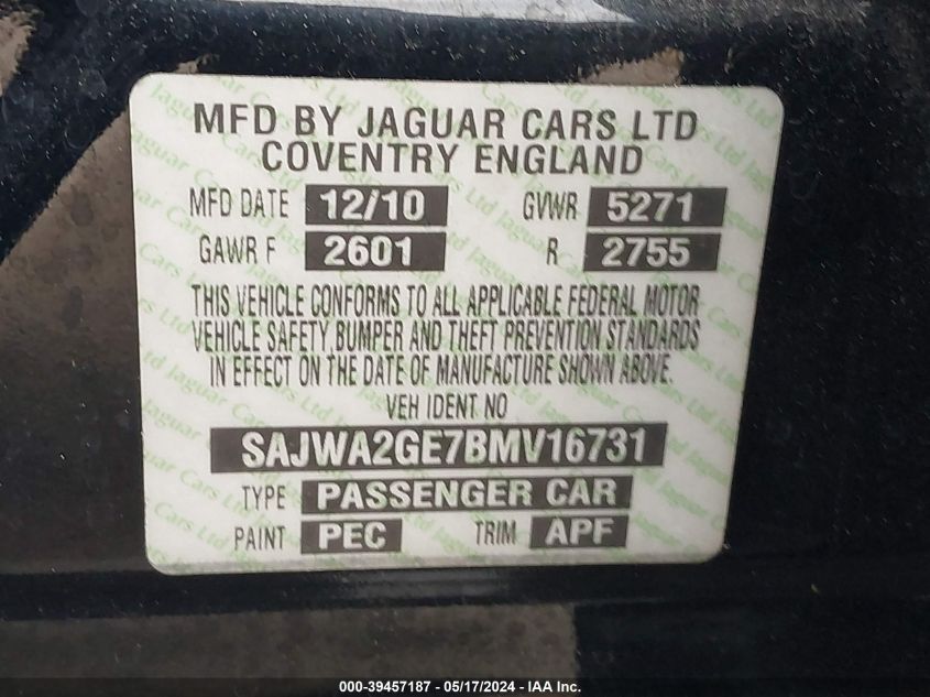2011 Jaguar Xj Xjl Supercharged VIN: SAJWA2GE7BMV16731 Lot: 39457187