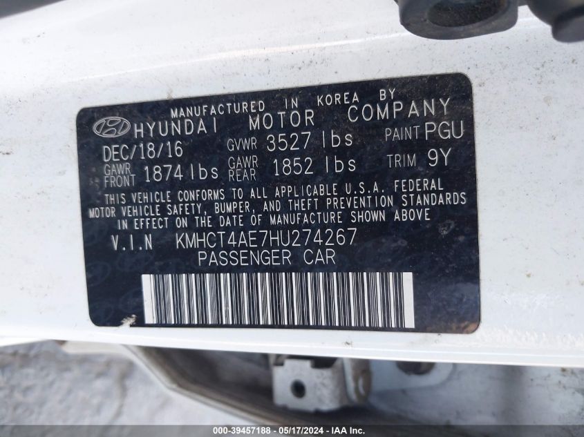 2017 Hyundai Accent Se VIN: KMHCT4AE7HU274267 Lot: 39457188