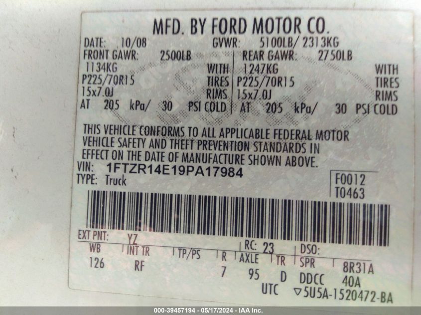 2009 Ford Ranger Sport/Xl/Xlt VIN: 1FTZR14E19PA17984 Lot: 39457194