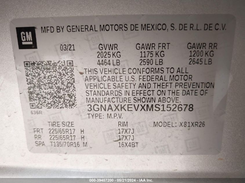 2021 Chevrolet Equinox Fwd Lt VIN: 3GNAXKEVXMS152678 Lot: 39457200