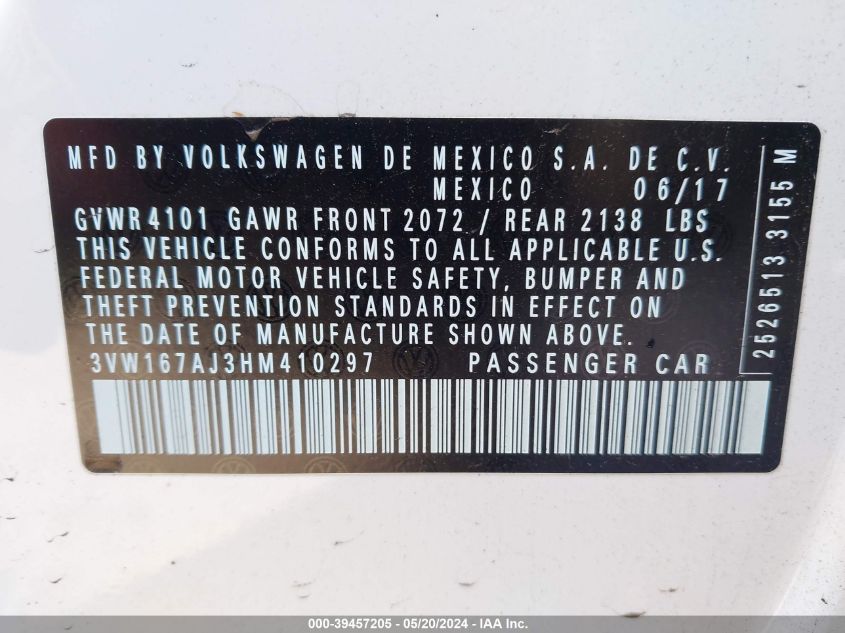 2017 Volkswagen Jetta 1.4T S VIN: 3VW167AJ3HM410297 Lot: 39457205