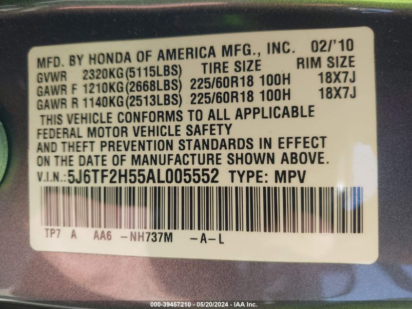2010 Honda Accord Crosstour Ex-L VIN: 5J6TF2H55AL005552 Lot: 39457210