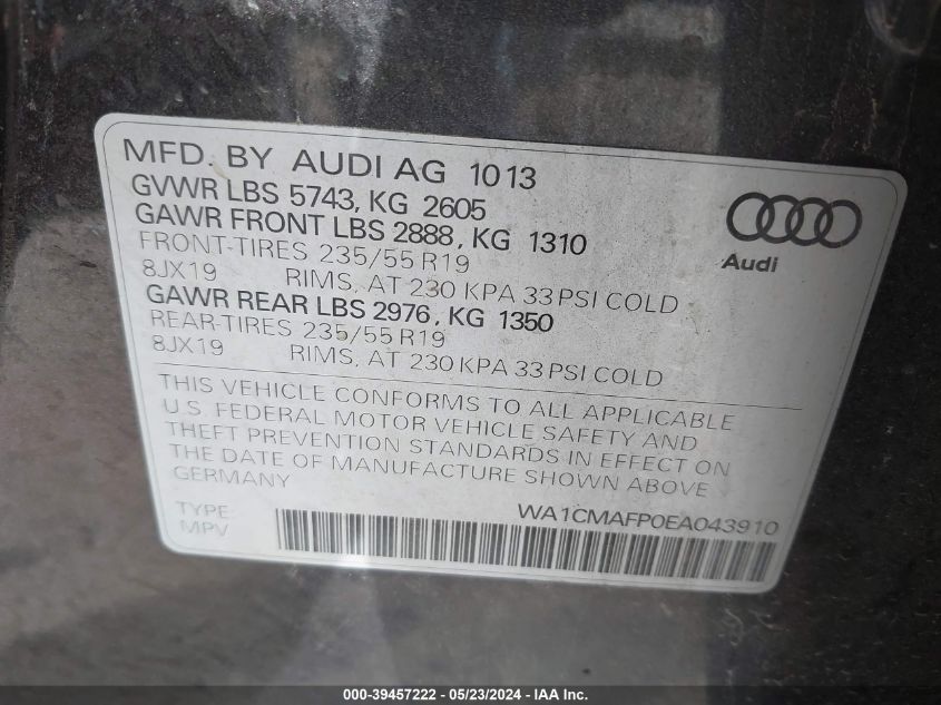 2014 Audi Q5 3.0 Tdi Premium Plus VIN: WA1CMAFP0EA043910 Lot: 39457222