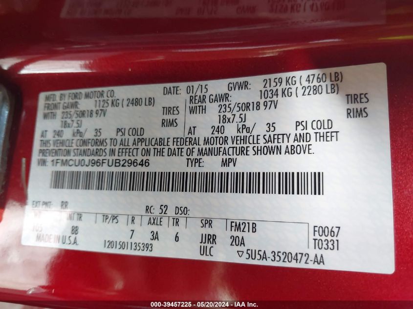 2015 Ford Escape Titanium VIN: 1FMCU0J96FUB29646 Lot: 39457225