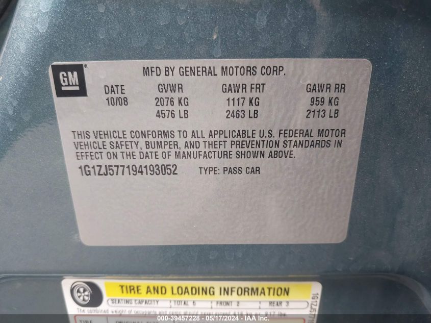 2009 Chevrolet Malibu Lt VIN: 1G1ZJ577194193052 Lot: 39457228