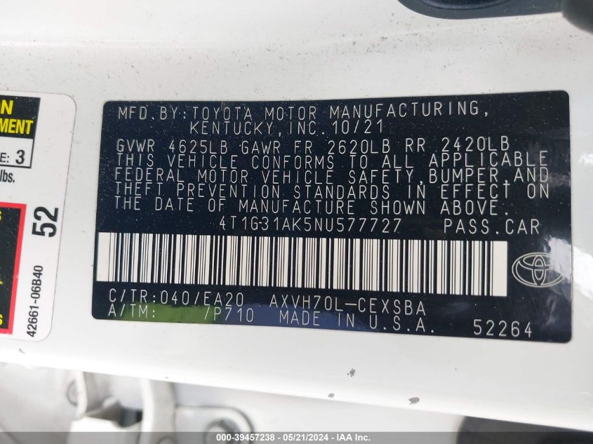 2022 Toyota Camry Se Hybrid VIN: 4T1G31AK5NU577727 Lot: 39457238