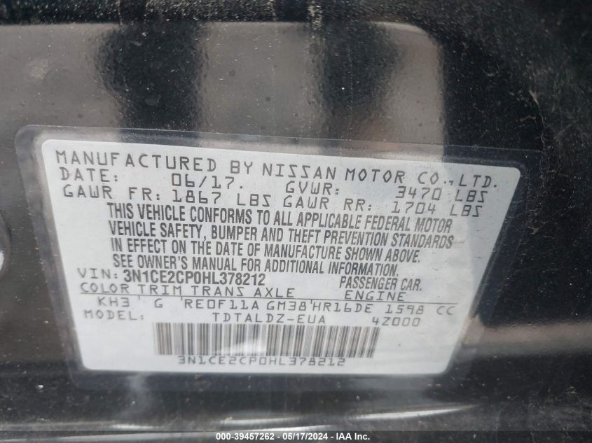 2017 Nissan Versa Note Sv VIN: 3N1CE2CP0HL378212 Lot: 39457262