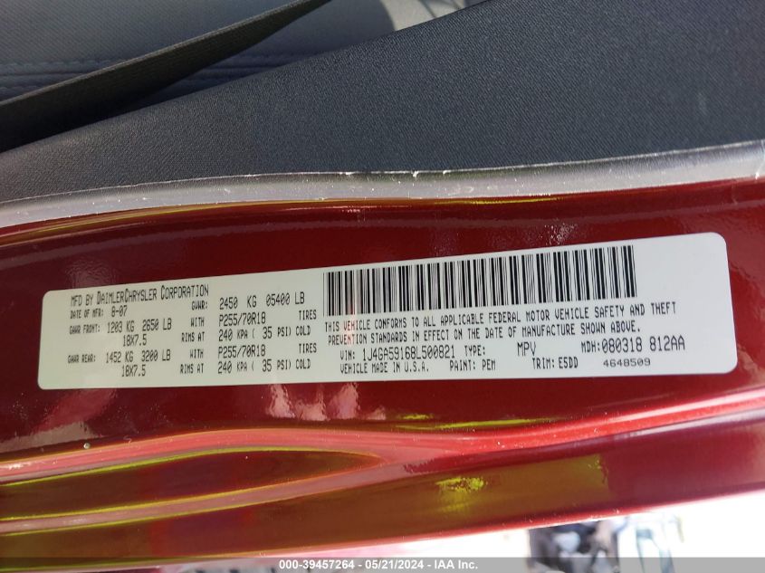 2008 Jeep Wrangler Unlimited Sahara VIN: 1J4GA59168L500821 Lot: 39457264