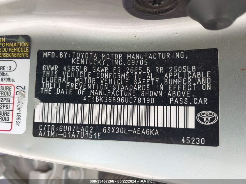 2006 Toyota Avalon Xls VIN: 4T1BK36B96U078190 Lot: 39457266