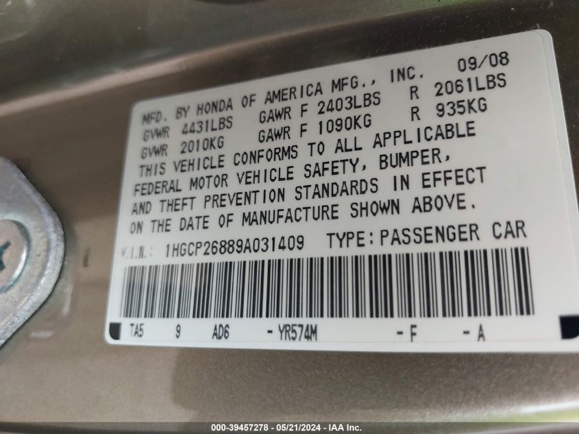 2009 Honda Accord 2.4 Ex-L VIN: 1HGCP26889A031409 Lot: 39457278