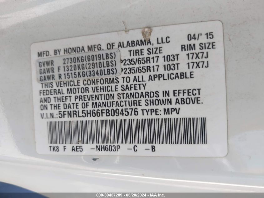 2015 Honda Odyssey Ex-L VIN: 5FNRL5H66FB094576 Lot: 39457289