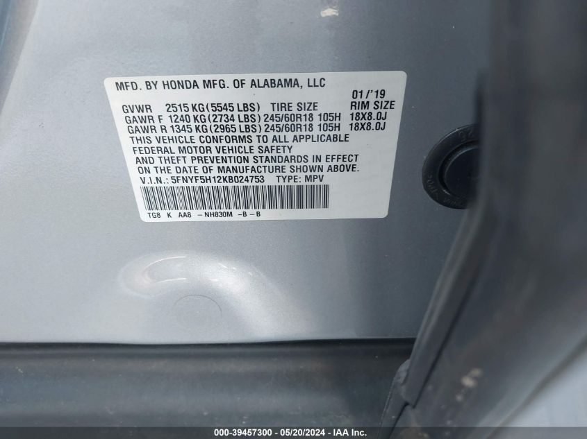 2019 Honda Pilot Lx VIN: 5FNYF5H12KB024753 Lot: 39457300