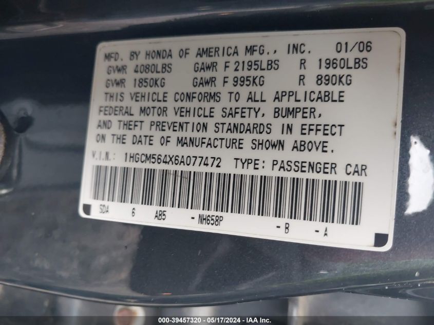 2006 Honda Accord 2.4 Lx VIN: 1HGCM564X6A077472 Lot: 39457320