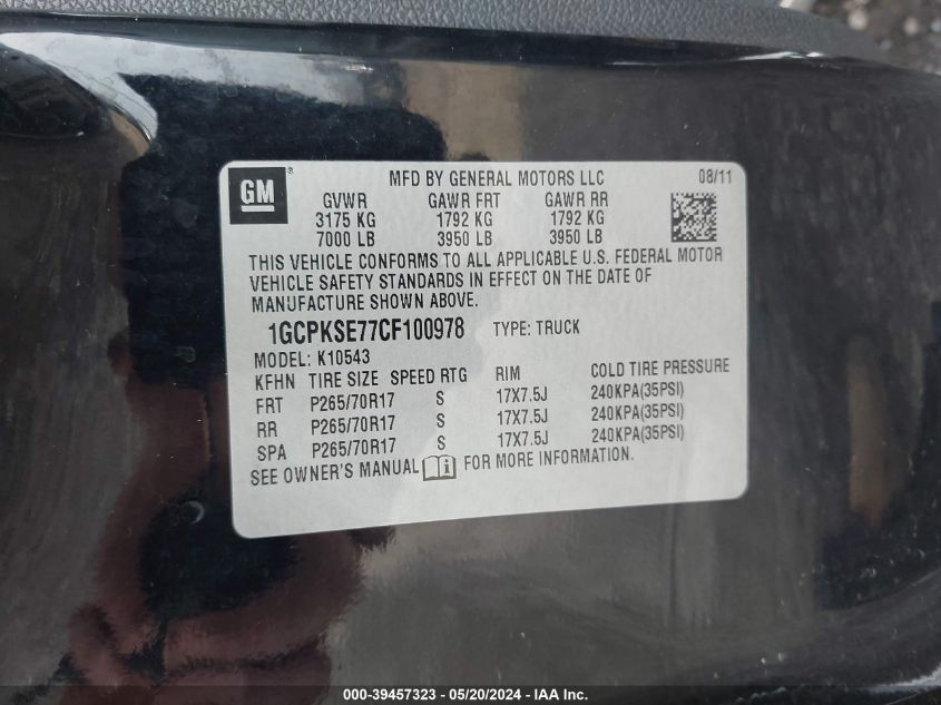 2012 Chevrolet Silverado 1500 Lt VIN: 1GCPKSE77CF100978 Lot: 39457323