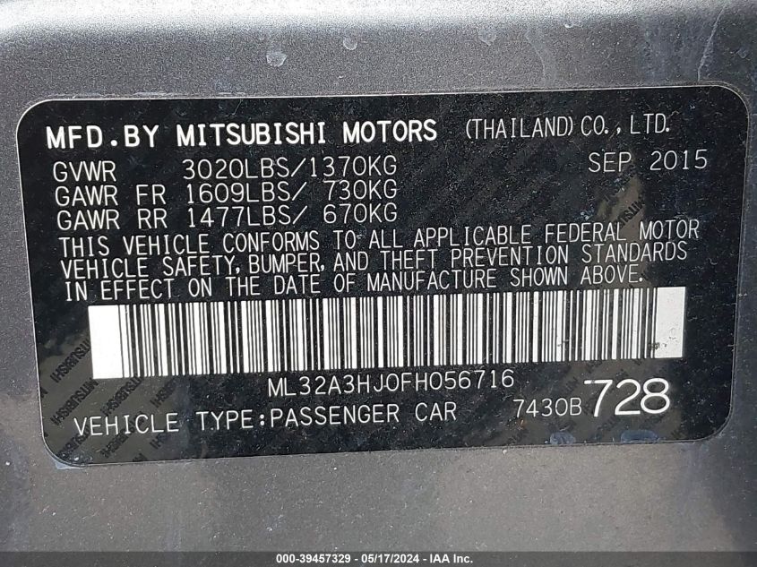 2015 Mitsubishi Mirage De VIN: ML32A3HJ0FH056716 Lot: 39457329