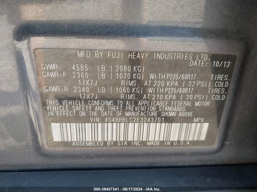 2014 Subaru Outback 2.5I Limited VIN: 4S4BRBLC2E3243701 Lot: 39457341