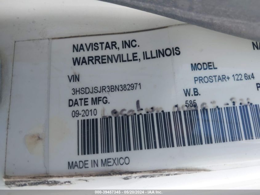 2011 International Prostar VIN: 3HSDJSJR3BN382971 Lot: 39457345