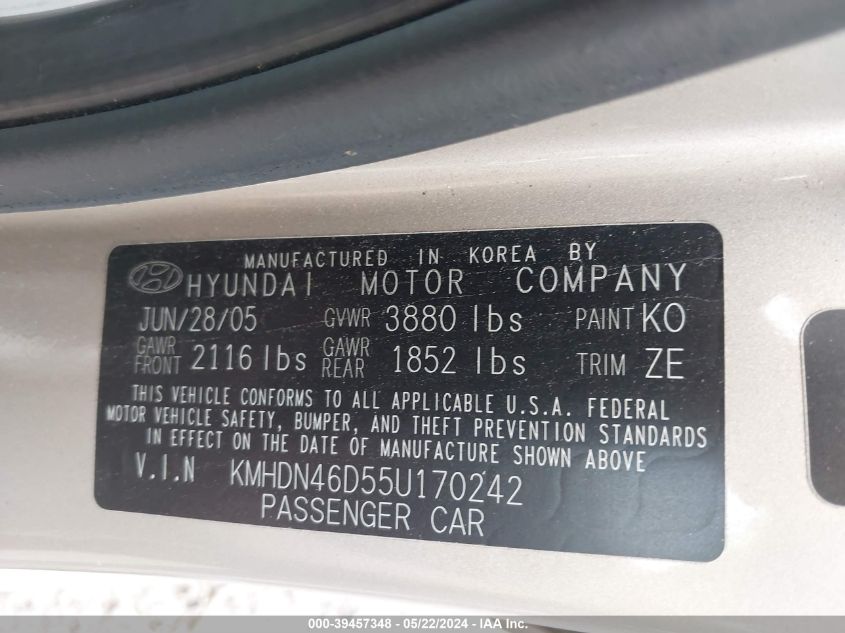 2005 Hyundai Elantra Gls/Gt VIN: KMHDN46D55U170242 Lot: 39457348