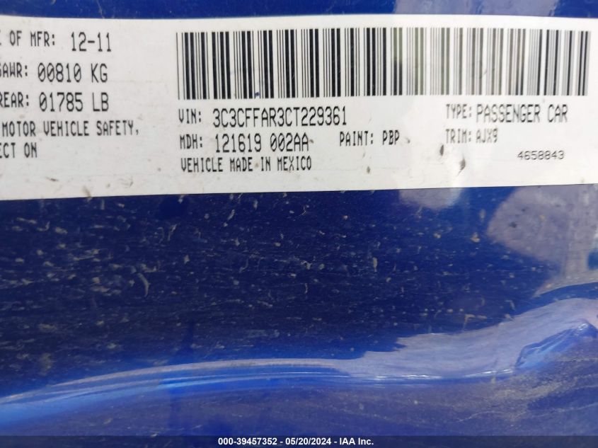 2012 Fiat 500 Pop VIN: 3C3CFFAR3CT229361 Lot: 39457352