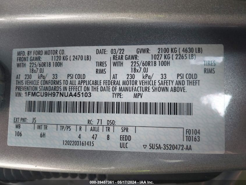 2022 Ford Escape Sel VIN: 1FMCU9H97NUA45103 Lot: 39457361