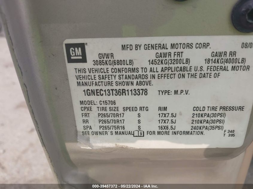 2006 Chevrolet Tahoe Z71 VIN: 1GNEC13T36R113378 Lot: 39457372