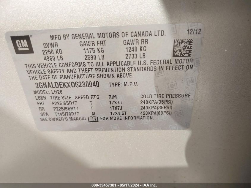 2013 Chevrolet Equinox 1Lt VIN: 2GNALDEKXD6230940 Lot: 39457381