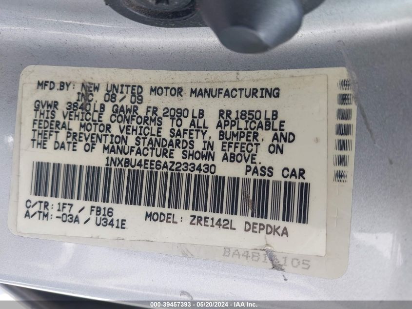 2010 Toyota Corolla VIN: 1NXBU4EE6AZ233430 Lot: 39457393