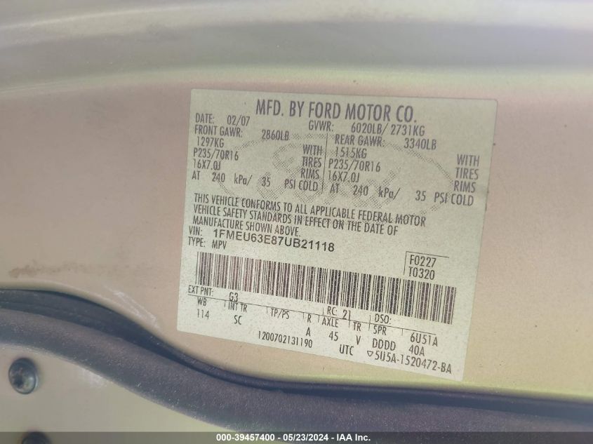 2007 Ford Explorer Xlt VIN: 1FMEU63E87UB21118 Lot: 39457400