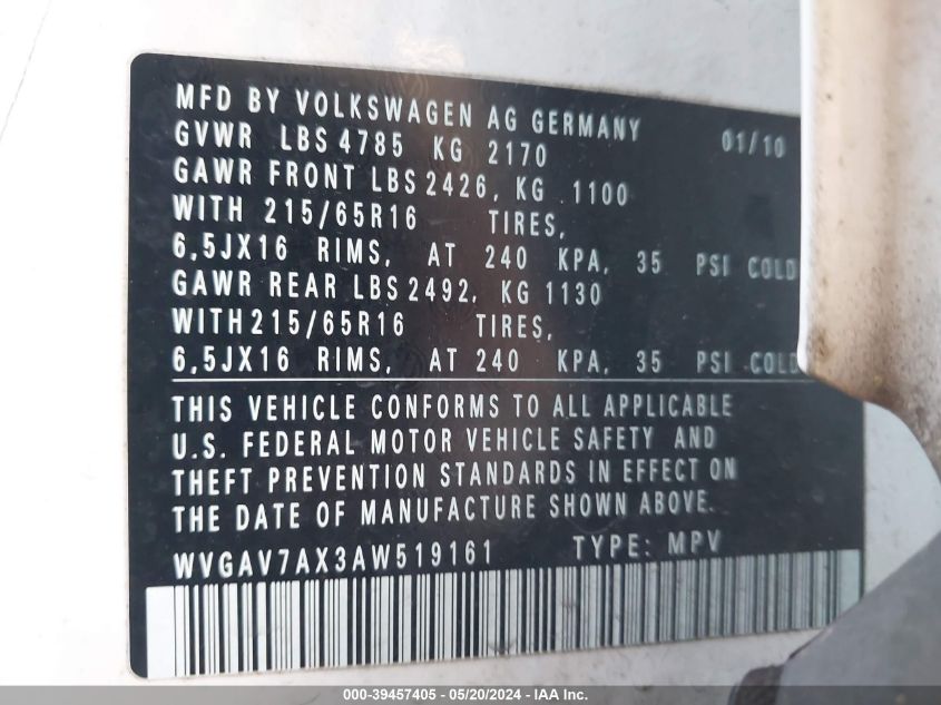 2010 Volkswagen Tiguan S VIN: WVGAV7AX3AW519161 Lot: 39457405