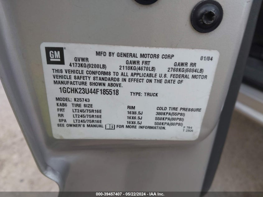 2004 Chevrolet Silverado 2500Hd Ls VIN: 1GCHK23U44F185518 Lot: 39457407