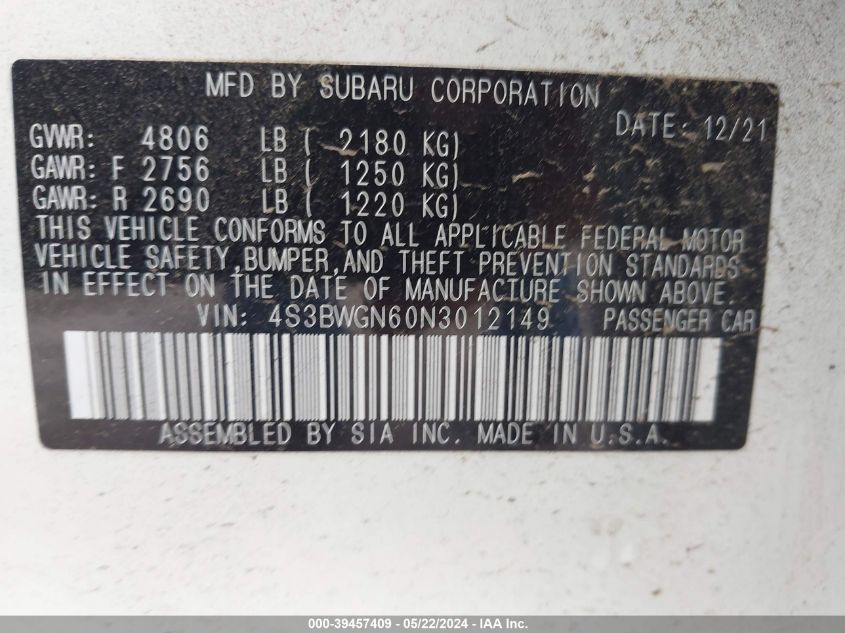 2022 Subaru Legacy Limited Xt VIN: 4S3BWGN60N3012149 Lot: 39457409
