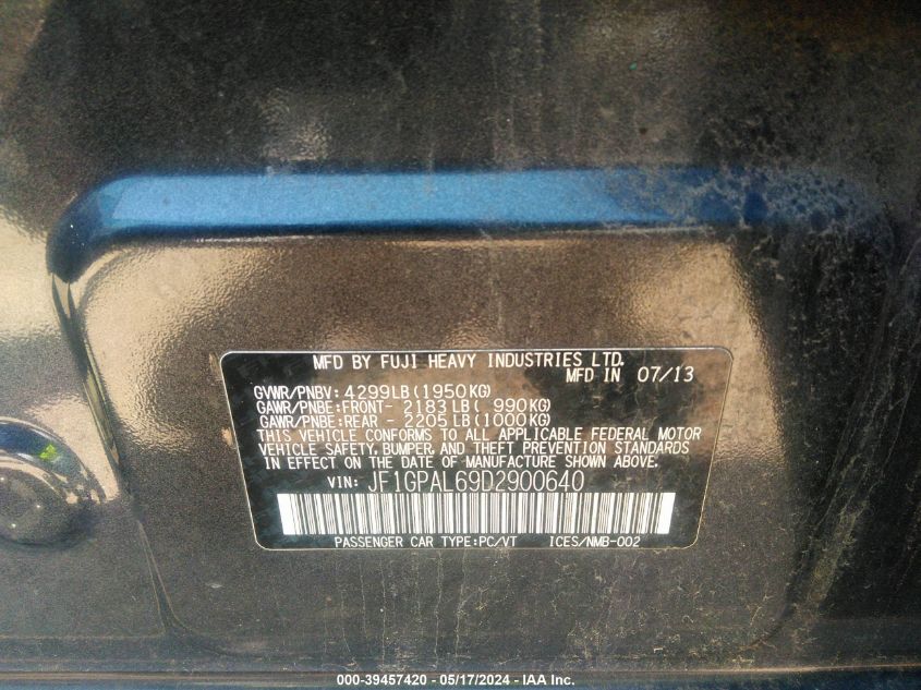 2013 Subaru Impreza 2.0I Sport Premium VIN: JF1GPAL69D2900640 Lot: 39457420