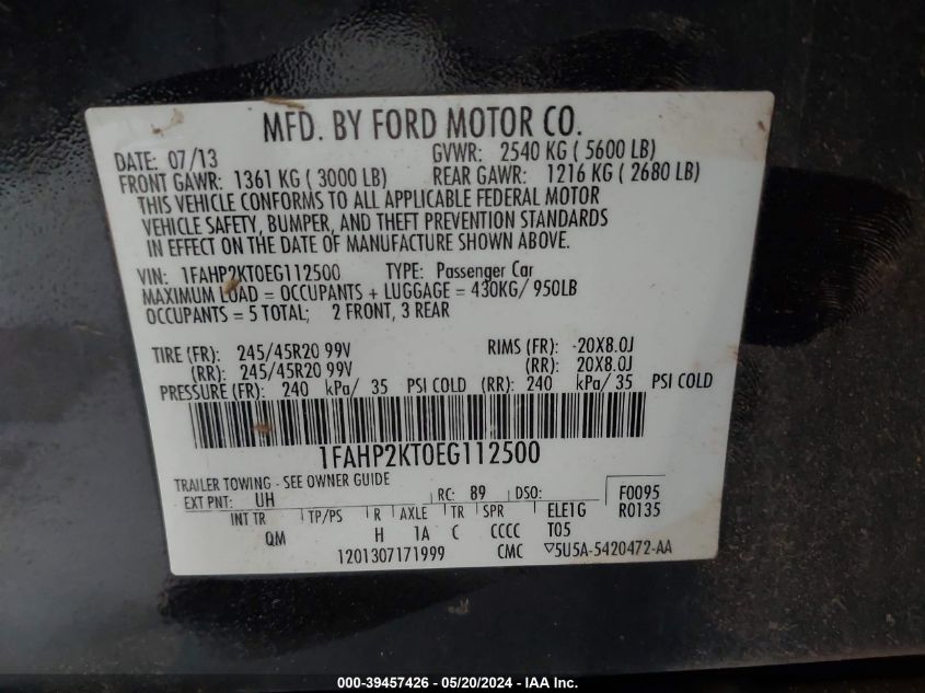 2014 Ford Taurus Sho VIN: 1FAHP2KT0EG112500 Lot: 39457426