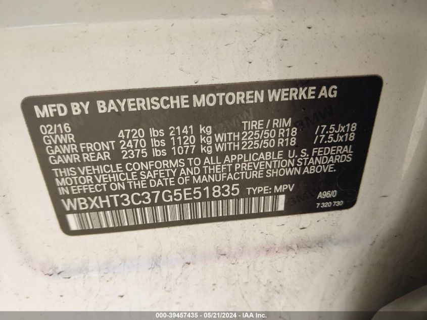 2016 BMW X1 xDrive28I VIN: WBXHT3C37G5E51835 Lot: 39457435