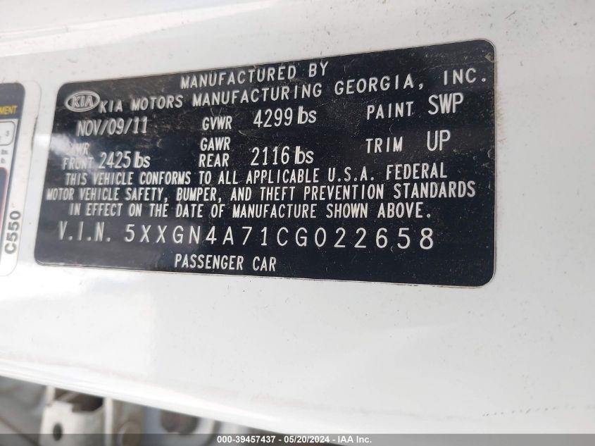 2012 Kia Optima Ex VIN: 5XXGN4A71CG022658 Lot: 39457437