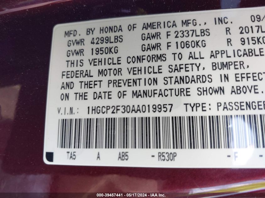 2010 Honda Accord 2.4 Lx VIN: 1HGCP2F30AA019957 Lot: 39457441
