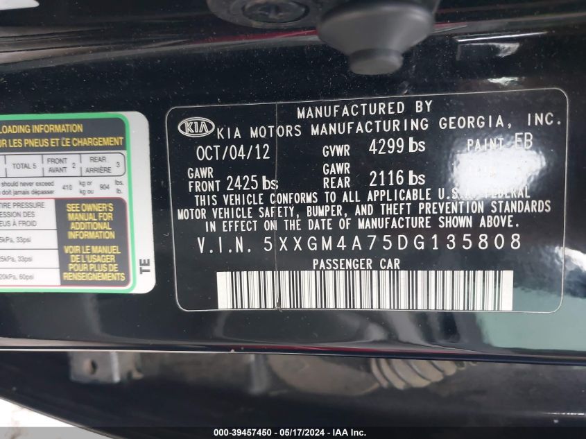 2013 Kia Optima Lx VIN: 5XXGM4A75DG135808 Lot: 39457450