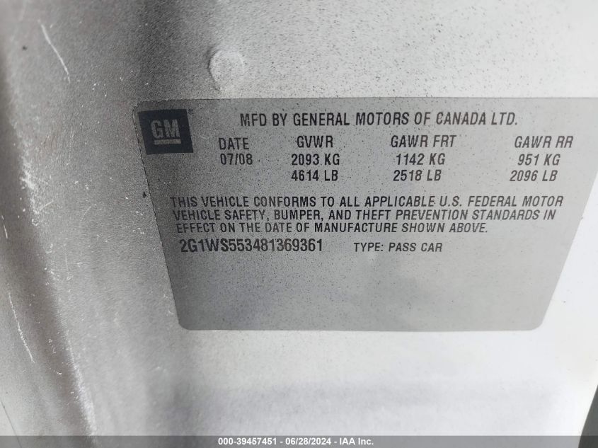 2008 Chevrolet Impala Police VIN: 2G1WS553481369361 Lot: 39457451