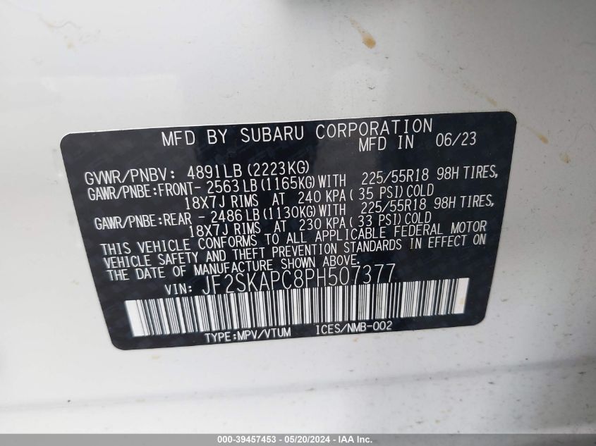 2023 Subaru Forester Limited VIN: JF2SKAPC8PH507377 Lot: 39457453