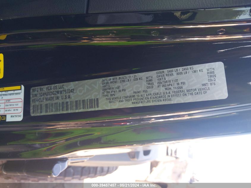 2021 Jeep Wrangler Unlimited Sport Altitude 4X4 VIN: 1C4HJXDG2MW797242 Lot: 39457457