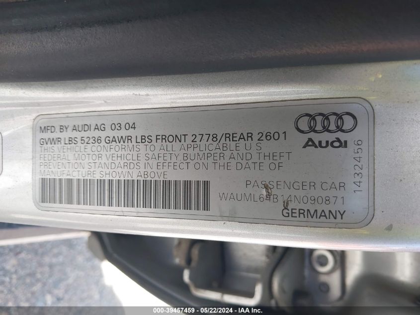 2004 Audi A6 4.2 VIN: WAUML64B14N090871 Lot: 39457459